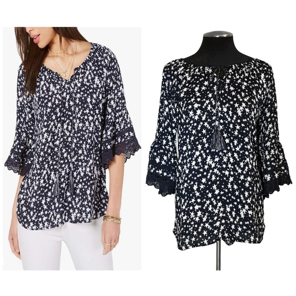 Style Co Womens Split Neck Tassel Trim Top Blue Size X Small main image 1